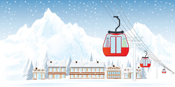 ilustrações, clipart, desenhos animados e ícones de estância de esqui com teleféricos ou elevador aéreo contra montanhas e casa na floresta de neve. - house residential structure cable sun