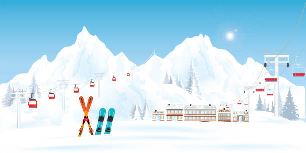 ilustrações, clipart, desenhos animados e ícones de estância de esqui com teleféricos ou elevador aéreo e teleférico. - ski resort snow hotel mountain