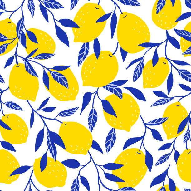 ilustrações, clipart, desenhos animados e ícones de tropical padrão sem emenda com limões amarelos. frutas repetiu a fundo. impressão brilhante de vetor para tecido ou papel de parede. - 3670