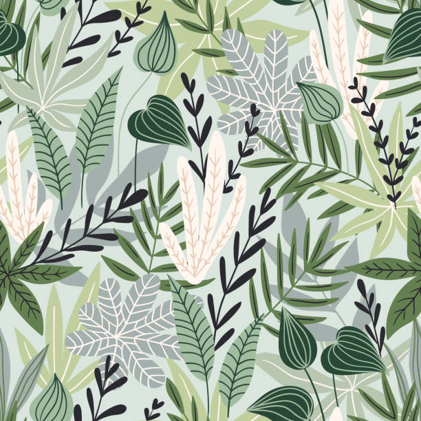 Seamless pattern with tropical leaves. Beautiful print with hand drawn exotic plants. Swimwear botanical design. Vector illustration. Seamless pattern with tropical leaves. Beautiful print with hand drawn exotic plants. Swimwear botanical design. Vector illustration. boho illustrations stock illustrations