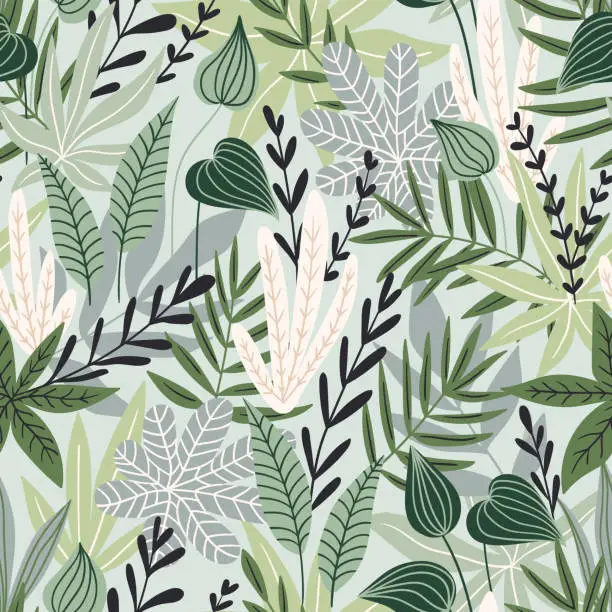 Vector illustration of Seamless pattern with tropical leaves. Beautiful print with hand drawn exotic plants. Swimwear botanical design. Vector illustration.