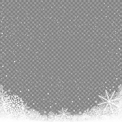 Winter snowfall on transparent background. Frosty close-up wintry snowflakes. Ice shape pattern. Christmas holiday decoration backdrop