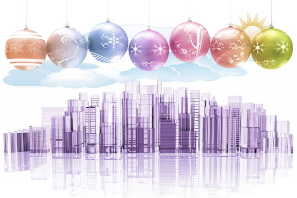 3D illustration. Christmas decoration with on the city skyline background with palaces and skyscrapers.