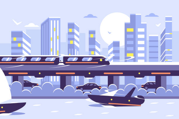 ilustraciones, imágenes clip art, dibujos animados e iconos de stock de metro tren monorraíl sobre paisaje puesta de sol. - urban scene railroad track train futuristic