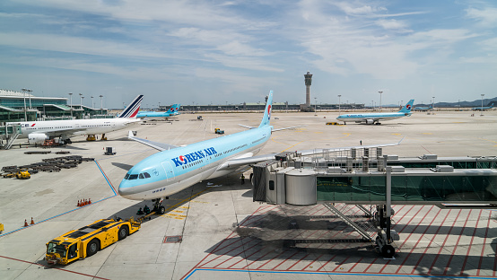 Incheon, South Korea - August 2018: View of airplanes from at Incheon International Airport ICN, the largest airport in South Korea.