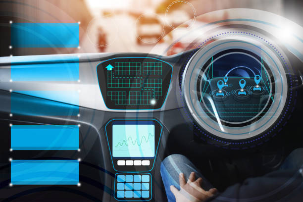 istock Man sitting internal view, Display screen and automatic self driving. Electric smart car technology. 1062455786