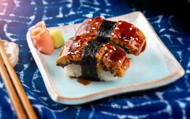 Unagi sushi or Japanese eel grilled slice cutting sushi in Japanese style food.