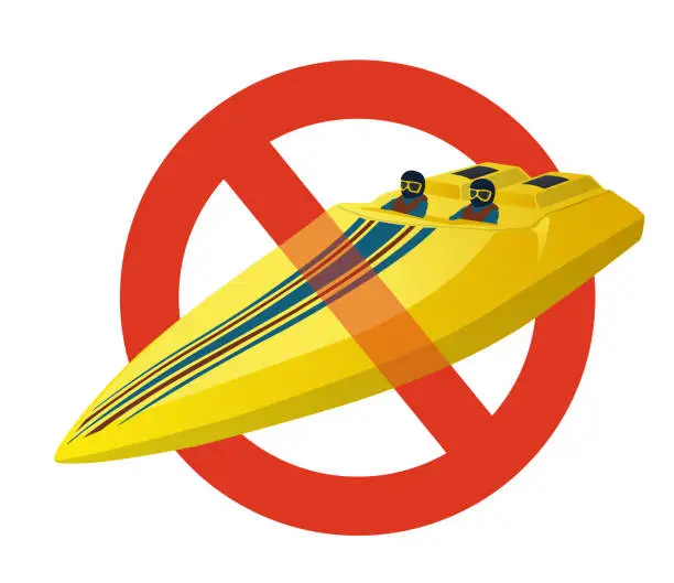 Vector illustration of Prohibition of race sports boat. Strict ban on construction motorboat