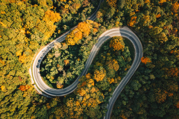 istock Extreme winding road in sunset light. Aerial view. 1062465888