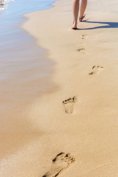 Beach sand with footprints near breaking waves, a sunny day in the Outer Banks, North Carolina, NC, USA.