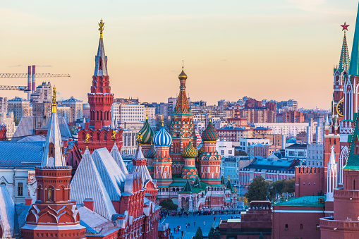 St. Basil's Cathedral on Red Square in Moscow City, St. Basil's Cathedral famous place in Russia at sunset in autumn, Moscow, Russia.