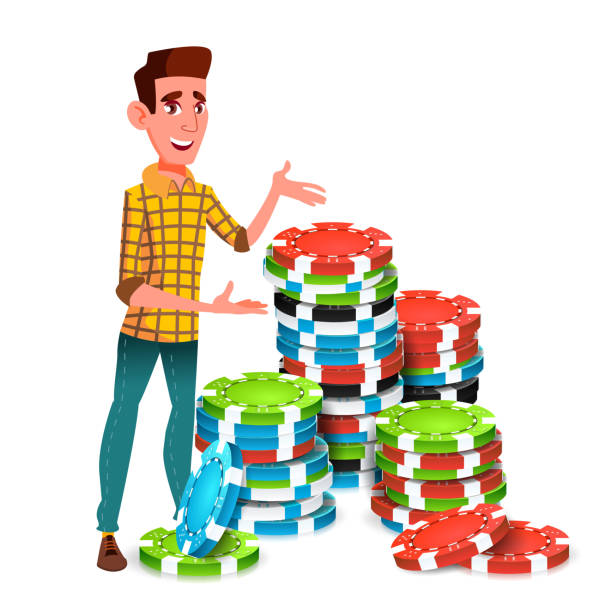 młody hazardzista z ogromnym stosem żetonów pokerowych wektor. ilustracja izolowana - gambling chip green stack gambling stock illustrations
