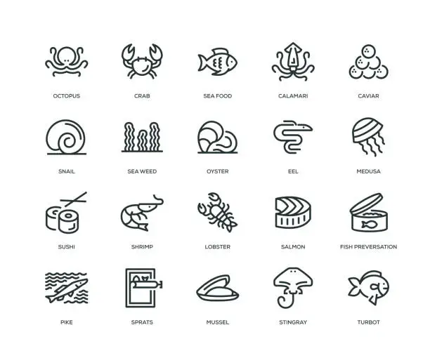 Vector illustration of Sea Food Icons - Line Series