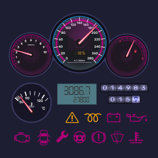 панель, тахометр, спидометр, уровень бензина, расстояние в километры, информационные значки. - kilometer stock illustrations