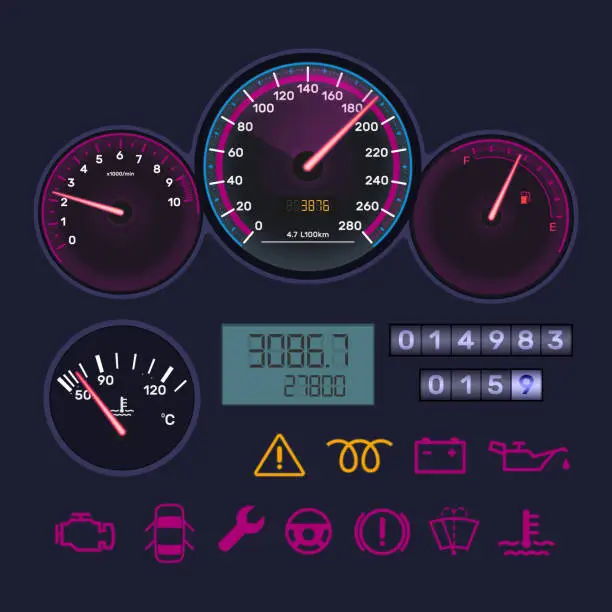 Vector illustration of Panel, tachometer, speedometer, level gasoline, distance in kilometers, information icons.