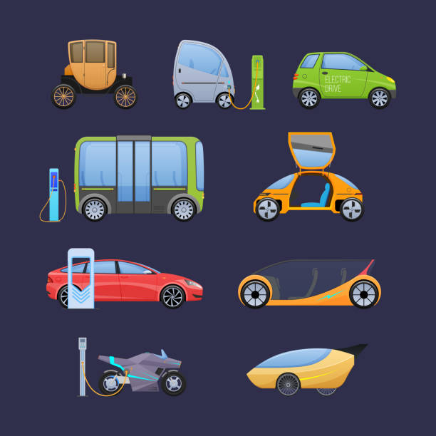 Set of modern expensive single and multi-seat electric vehicles. Set of single, multi-seat electric motorcycle, motorbike, auto, bus, near city's charging ecology electric station. Movement on electric vehicles, ecological mode of transport. Vector illustration. multiengine stock illustrations