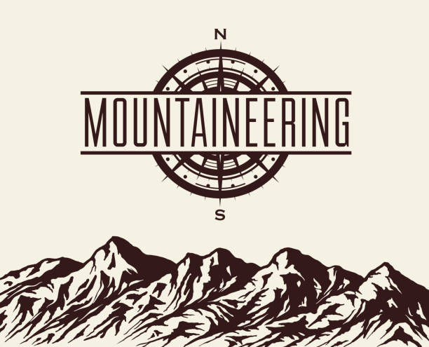 Mountain background vector Mountaineering and travelling background with huge mountain range silhouette and windrose. Vector illustration. pair of compasses stock illustrations