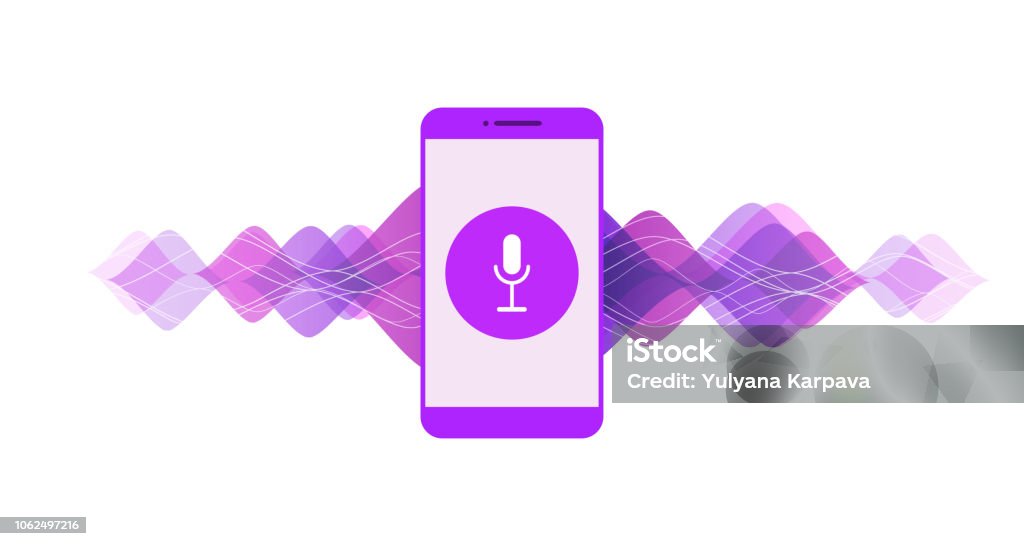 Application on mobile, assistant for voice recognition , speech detect. Concept of deep learning. Vector colorful illustration with mobile phone, sound symbol, microphone button, voice and sound line on white background. Speech Recognition stock vector