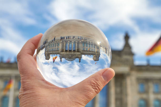 Plenary area Reichstag building The Reichstag building in Berlin viewed through a glass ball. german federal elections photos stock pictures, royalty-free photos & images