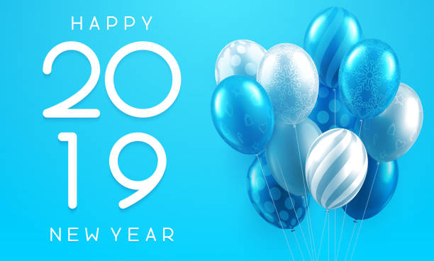 istock Happy New Year 2019 festive poster with shiny balloons. 1062502488
