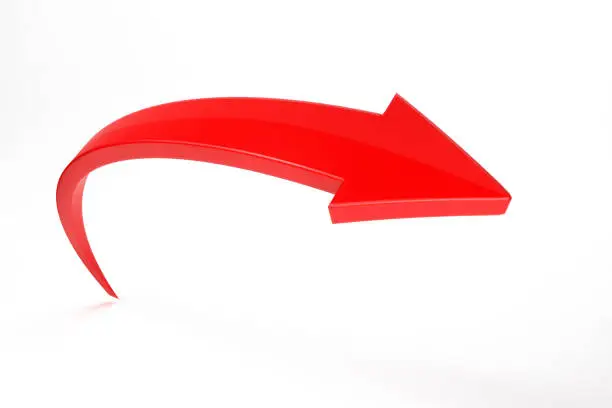 Red Arrow On White With Clipping Path. ( Red Arrow Bending To Right Side Of The Composition ) Red, Arrow, Symbol, 
Sign And White Background