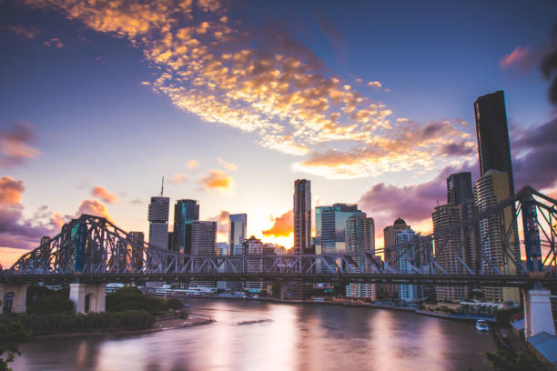 istock Sunset behind city's skyline and road bridge 1062504446