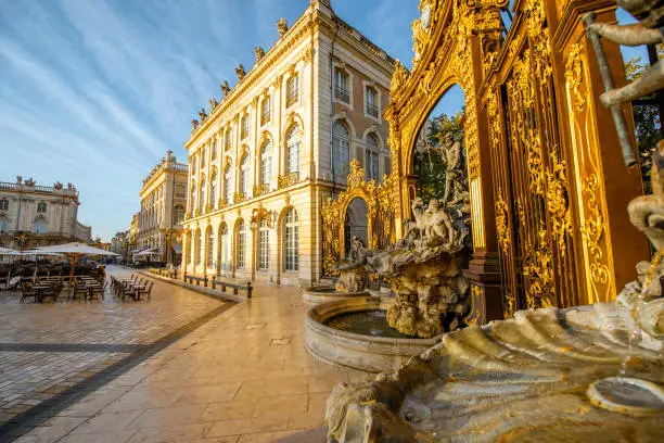 Morning view on the Stanislas square with Golden gate in the old town of Nancy city, France