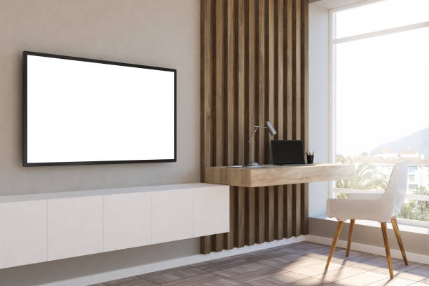 istock White and wood loft home office, mockup tv 1062516632