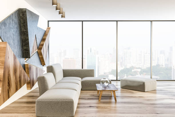 istock Gray, wood geometric pattern living room side view 1062519654