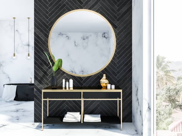 istock Black wood bathroom interior, black tub 1062520464