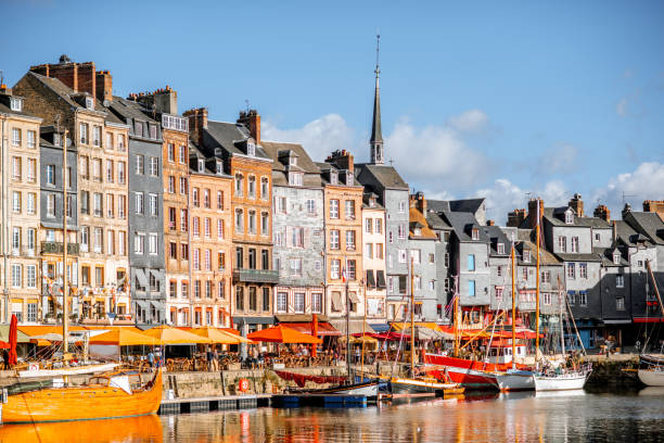 Waterfront in Honfleur town, France stock photo