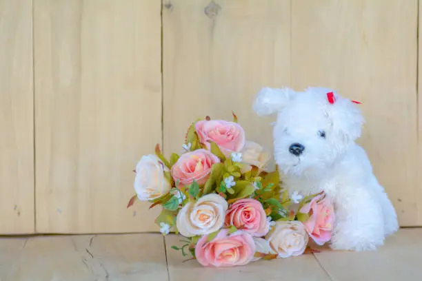 Photo of Dog doll with roses bouquet on wooden floor