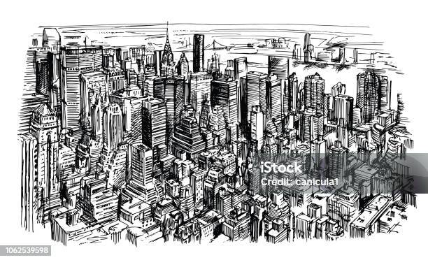 New York Skyline Panorama Stock Illustration - Download Image Now - New York City, Drawing - Art Product, Urban Skyline