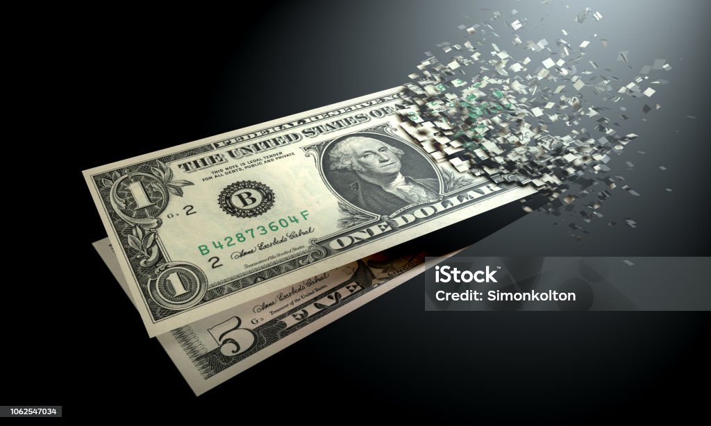 The dematerialization of money, dollars are dematerialized on a black background. Absence Stock Photo