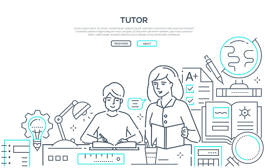 Tutor - modern line design style web banner on white background with place for text. Composition with female teacher helping a student with his school subject. Images of a globe, books, supplies