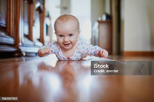 Baby Girl Learning To Crawl Stock Photo - Download Image Now - Baby - Human Age, Baby Girls, Cute