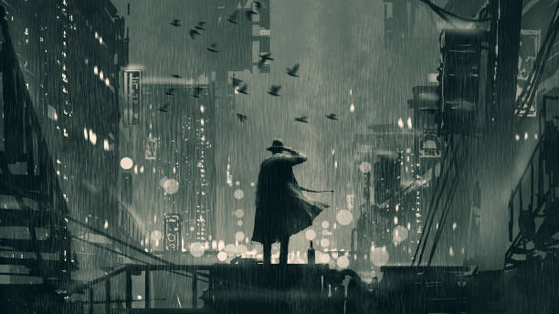 a good detective in a cruel world film noir concept showing the detective holding a gun to his head and standing on roof top at rainy night, digital art style, illustration painting crime illustrations stock illustrations