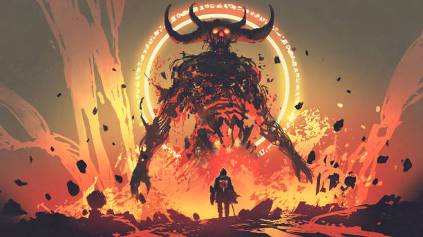 the boss fight with lava demon knight with a sword facing the lava demon in hell, digital art style, illustration painting monster stock illustrations