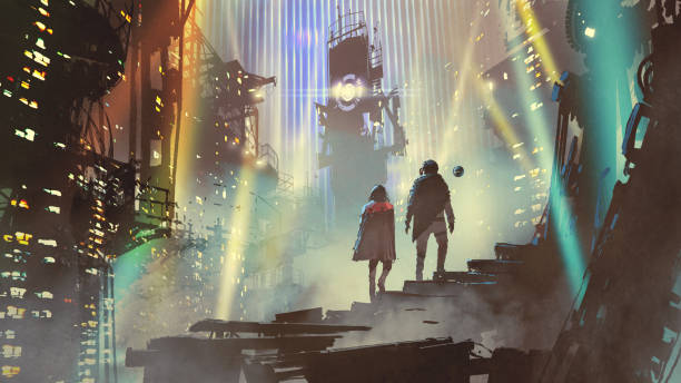 couple in the futuristic world couple in the futuristic city at night with buildings and light beams, digital art style, illustration painting dystopia concept stock illustrations