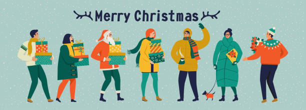 ilustrações de stock, clip art, desenhos animados e ícones de merry christmas and happy new year vector greeting card with people walking in winter clothes. celebration template with cute people in vintage style. - winter men joy leisure activity