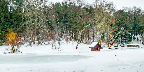 Winter scene with frozen lake