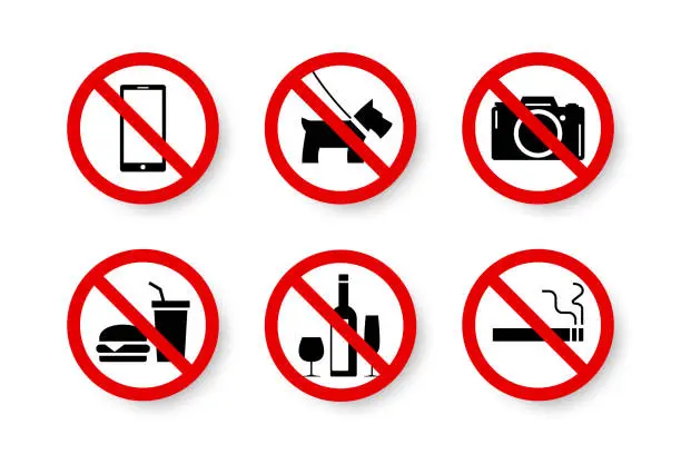 Vector illustration of Prohibited set of isolated forbidden, not allowed, no signs. Black symbol of camera, pet, mobile, cell phone, food, hamburger, water, drink, wine, glass, cigarette vector illustration.