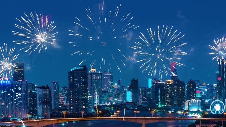 New year firework 2019 over the landmark city.
