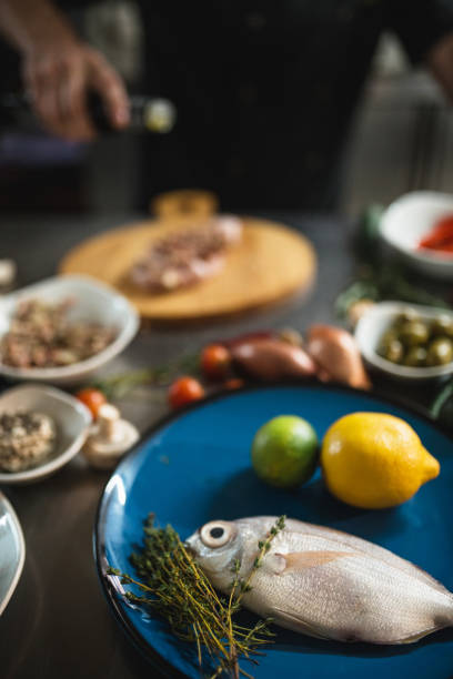 Healthy food on the kitchen desk of a restaurant