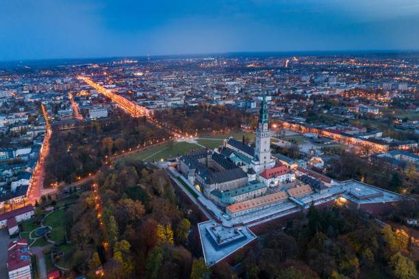 istock Night aerial drone view on Czestochowa and Jasna Gora monastery 1062575006