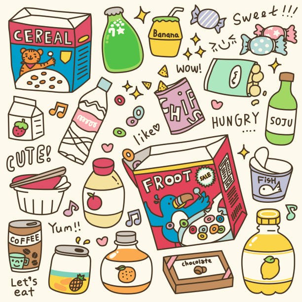 ilustrações, clipart, desenhos animados e ícones de conjunto de giro supermercado alimentos doodle - water bottle purified water water drink