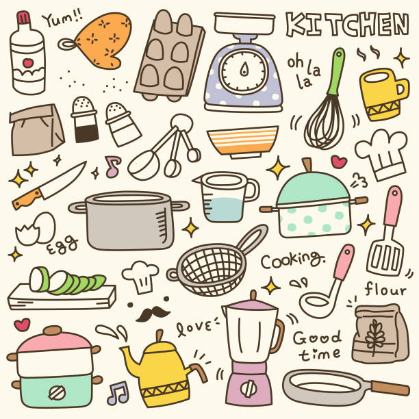 Set Of Cute Kitchen Spices And Utensils Doodle Stock Illustration -  Download Image Now - Blender, Egg - Food, Sketch - iStock