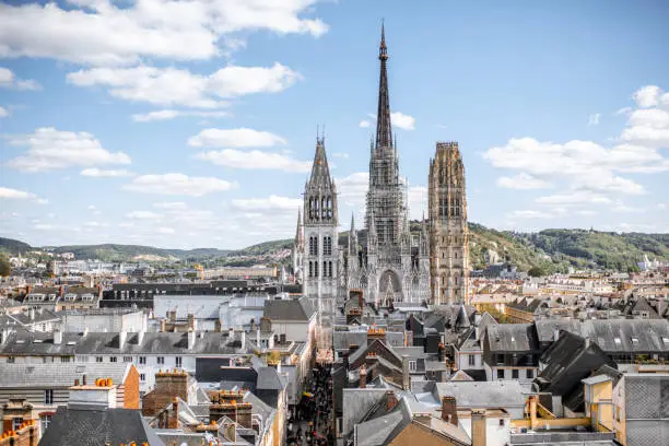 Aerial citysape view of Rouen with famous cathedral during the sunny day in Normandy, France