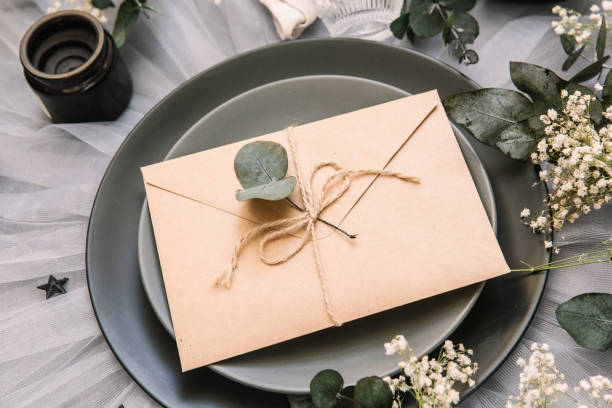 istock Wedding invitation. reception table setting with shabby chic decorations. Flat lay, top view, copy space 1062588870