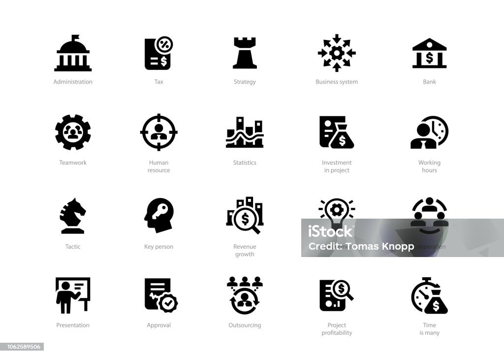 Set di icone aziendali solide nere - arte vettoriale royalty-free di Icona